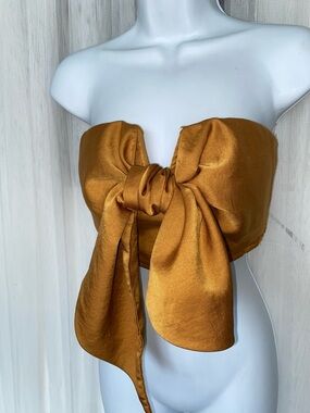Blue Blush Satin Bow Front Strapless Crop Top - Gold Size S